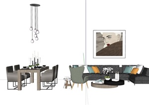 现代风格整体详细的沙发茶几餐桌椅SU(草图大师)模型
