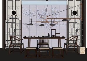 中式风格屏风及书桌椅组合SU(草图大师)模型