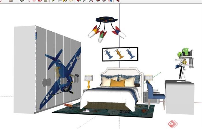 某完整的详细儿童卧室床柜su模型