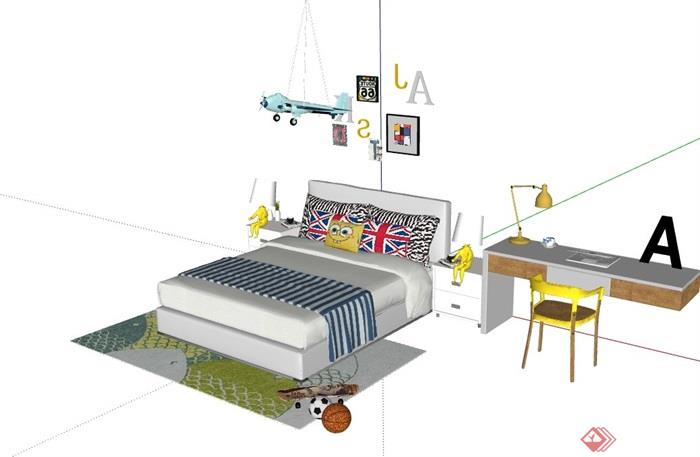 详细的整体完整独特儿童卧室床su模型