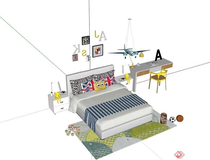 详细的整体完整独特儿童卧室床su模型