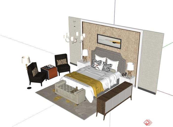 详细的整体完整的卧室床组合su模型