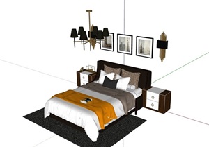 详细的整体完整卧室床组合SU(草图大师)模型