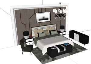 某现代风格完整的详细卧室床组合SU(草图大师)模型