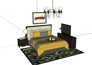 某整体详细的完整现代卧室床组合SU(草图大师)模型