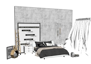 详细的整体独特完整卧室床组合SU(草图大师)模型