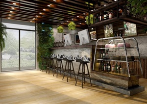 某整体详细的完整咖啡店CAD彩屏+外立面+室内效果