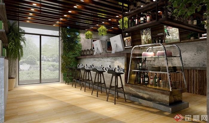 某整体详细的完整咖啡店CAD彩屏+外立面+室内效果