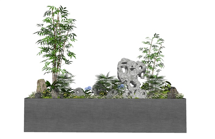 新中式景观小品假山石头竹子植物庭院景观花箱SU模型(2)