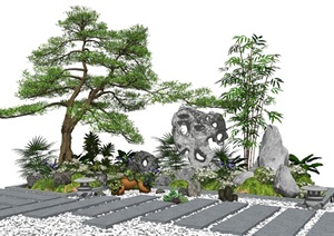 新中式景观小品庭院景观植物松树假山石头SU(草图大师)模型