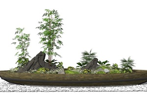 新中式景观小品假山石头植物景观树植物竹子小船SU(草图大师)模型