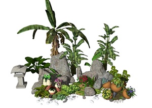 新中式景观小品庭院景观石头盆栽植物假山石头SU(草图大师)模型