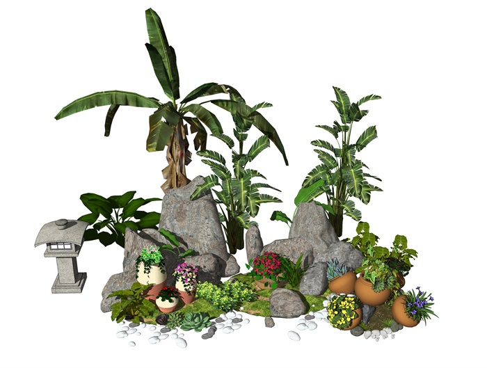 新中式景观小品庭院景观石头盆栽植物假山石头SU模型(1)