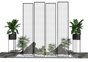 新中式景观小品庭院景观盆栽隔断屏风假山石头SU(草图大师)模型