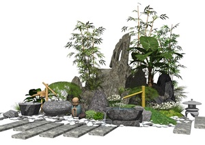 新中式景观小品庭院景观假山石头水景植物SU(草图大师)模型