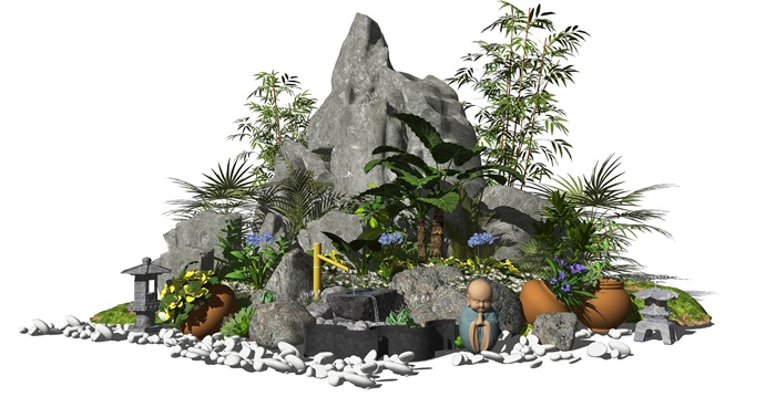 新中式景观小品假山石头水景盆栽石凳鹅卵石竹子植物花卉SU模型(2)