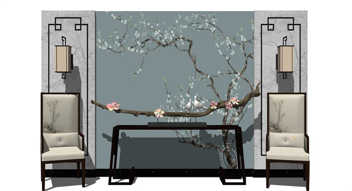 新中式背景墙设计茶室摆设(1)