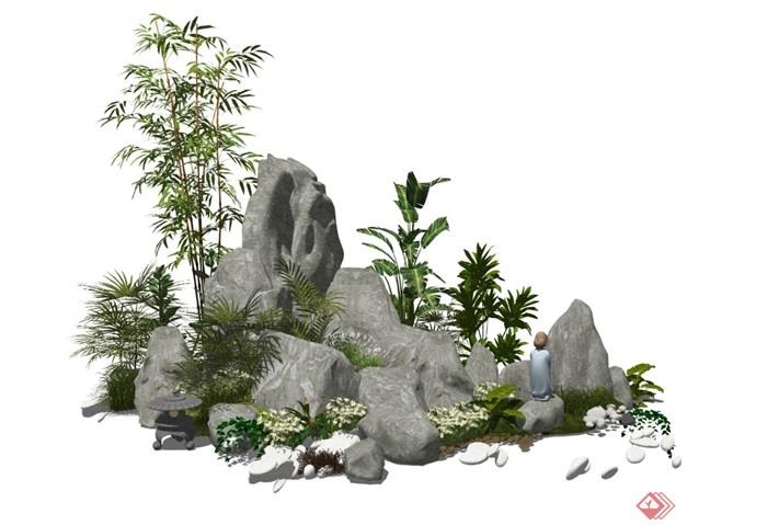 新中式假山石头景观小品庭院景观竹子花卉SU模型