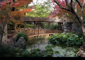 中式园林庭院山水景观ps效果图