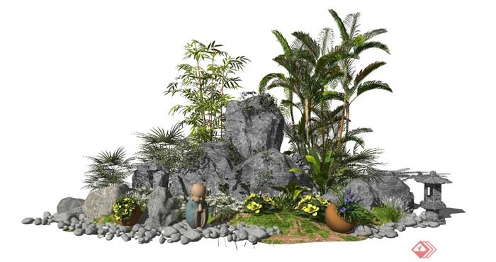 新中式假山石头盆栽景观小品庭院景观植物SU模型