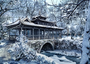 雪景古桥古道景观设计ps效果图