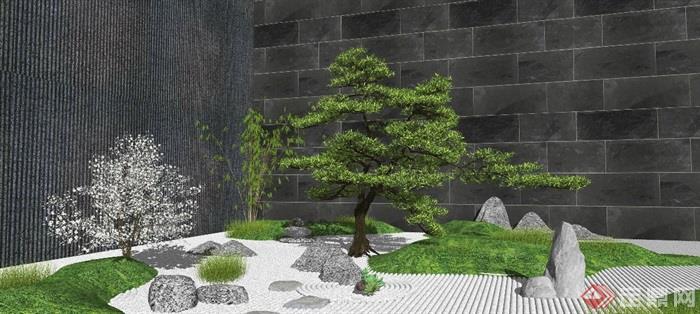 新中式庭院景观 景观小品景观树 石头  植物su模型_看图王