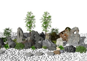 新中式假山石头枯山水太湖石片石假山SU(草图大师)模型6