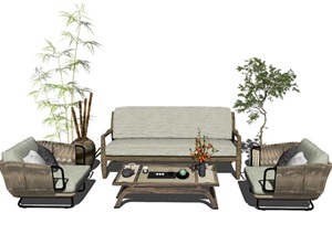 新中式沙发茶几组合 盆栽SU(草图大师)模型