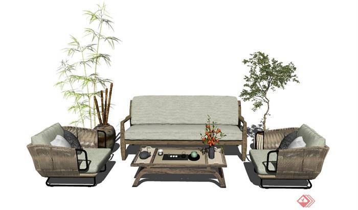新中式沙发茶几组合 盆栽su模型