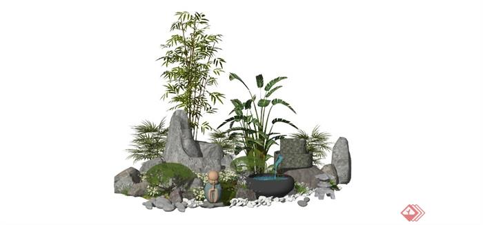 新中式景观小品假山石头水景植物SU模型