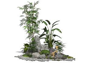 新中式景观小品假山石头庭院景观植物水景SU(草图大师)模型