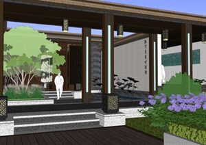 新中式屋顶庭院花园景观SU(草图大师)模型