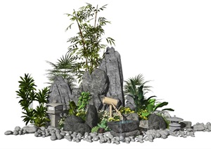 新中式景观小品假山石头水景植物石灯SU(草图大师)模型