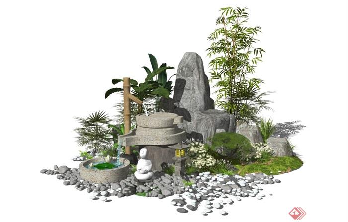 新中式假山石头景观小品植物水景庭院景观SU模型