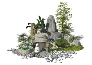 新中式假山石头景观小品植物水景庭院景观SU(草图大师)模型