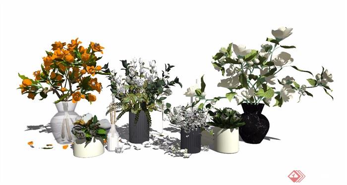 现代盆栽花瓶植物装饰品绿植摆件SU模型