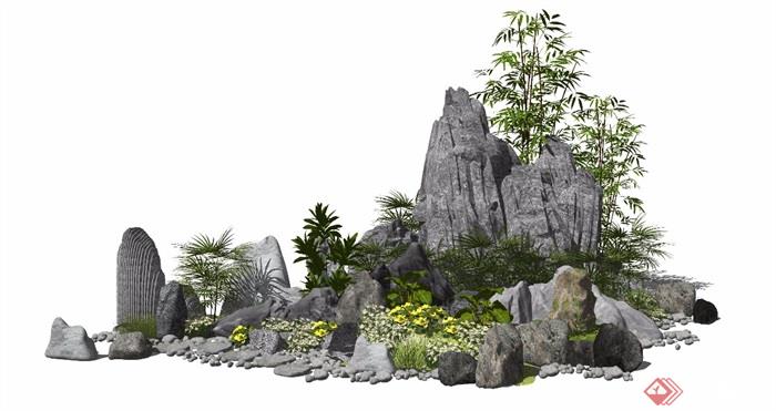 新中式假山石头植物景观小品庭院景观SU模型 - 副本