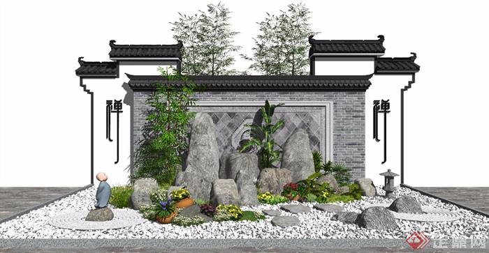 新中式景观小品假山石头景墙植物盆栽枯山水SU模型