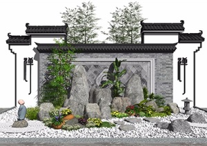 新中式景观小品假山石头景墙植物盆栽枯山水SU(草图大师)模型