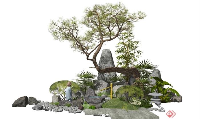 新中式景观小品假山石头水景松树植物叠石SU模型 - 副本 (2)