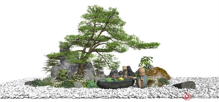 新中式景观小品松树石头水景枯山水SU模型 - 副本