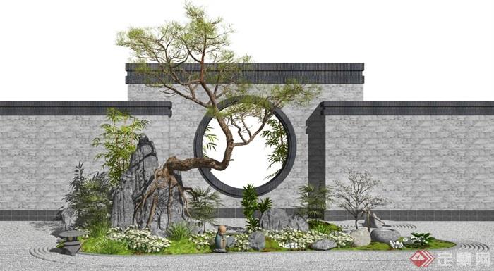 新中式景观小品枯山水假山石头松树景墙植物SU模型