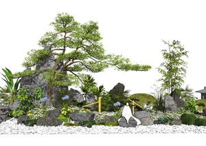 新中式景观小品假山石头水景松树植物碎石竹子石灯SU(草图大师)模型