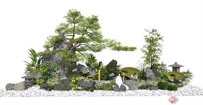 新中式景观小品假山石头水景松树植物碎石竹子石灯SU模型