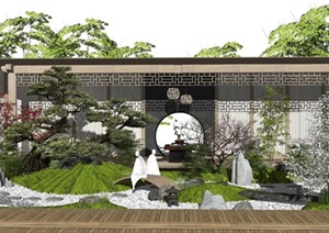 新中式景观小品枯山水松树植物茶室假山叠石SU(草图大师)模型