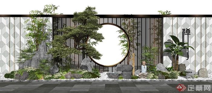 新中式景观小品庭院景观景墙假山石头松树水景植物SU模型