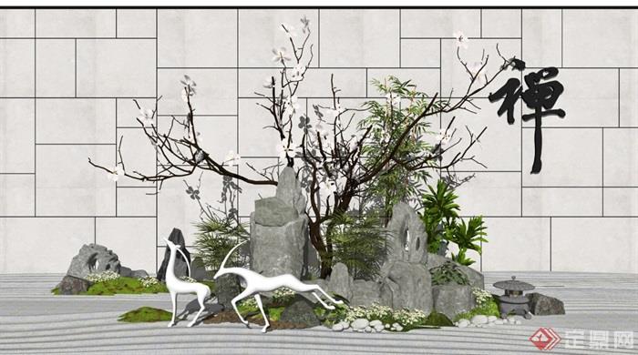 新中式景观小品假山石头景墙景观雕塑枯山水植物景观树SU模型