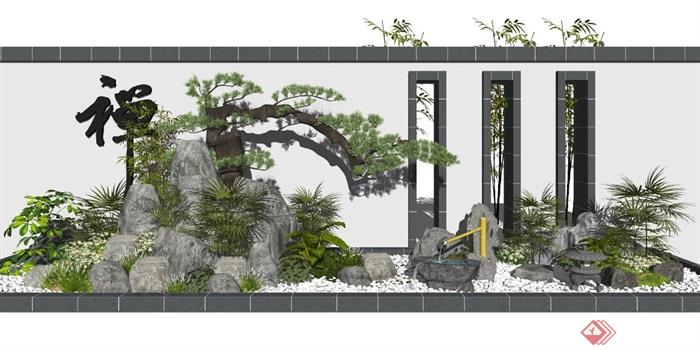 新中式景观小品假山石头水景庭院景观景墙碎石SU模型