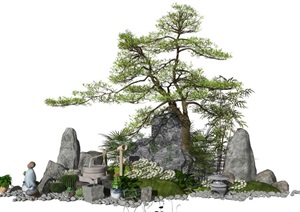 新中式景观小品假山石头水景庭院景观松树植物SU(草图大师)模型