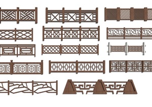 各种造型的园林景观木制栏杆扶手木平台木栈桥扶栏SU(草图大师)模型